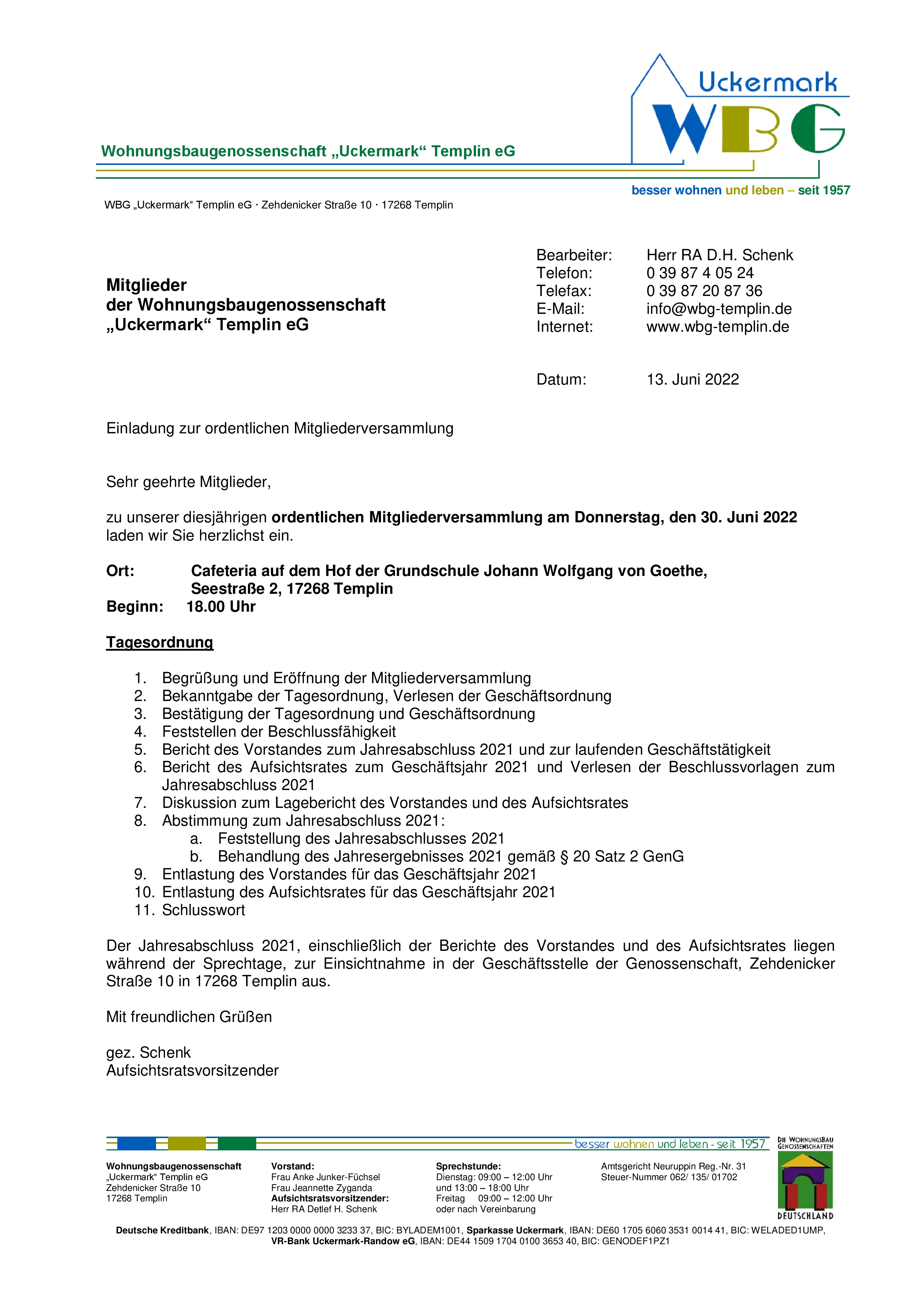 Einladung zur ordentlichen Mitgliederversammlung